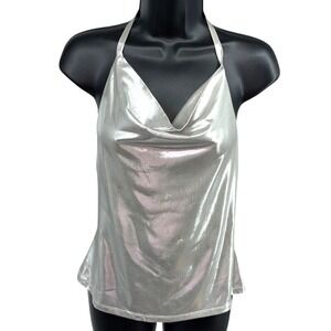 Anthropologie Silver Metallic Halter Cowl Neck Party Tank Top Medium